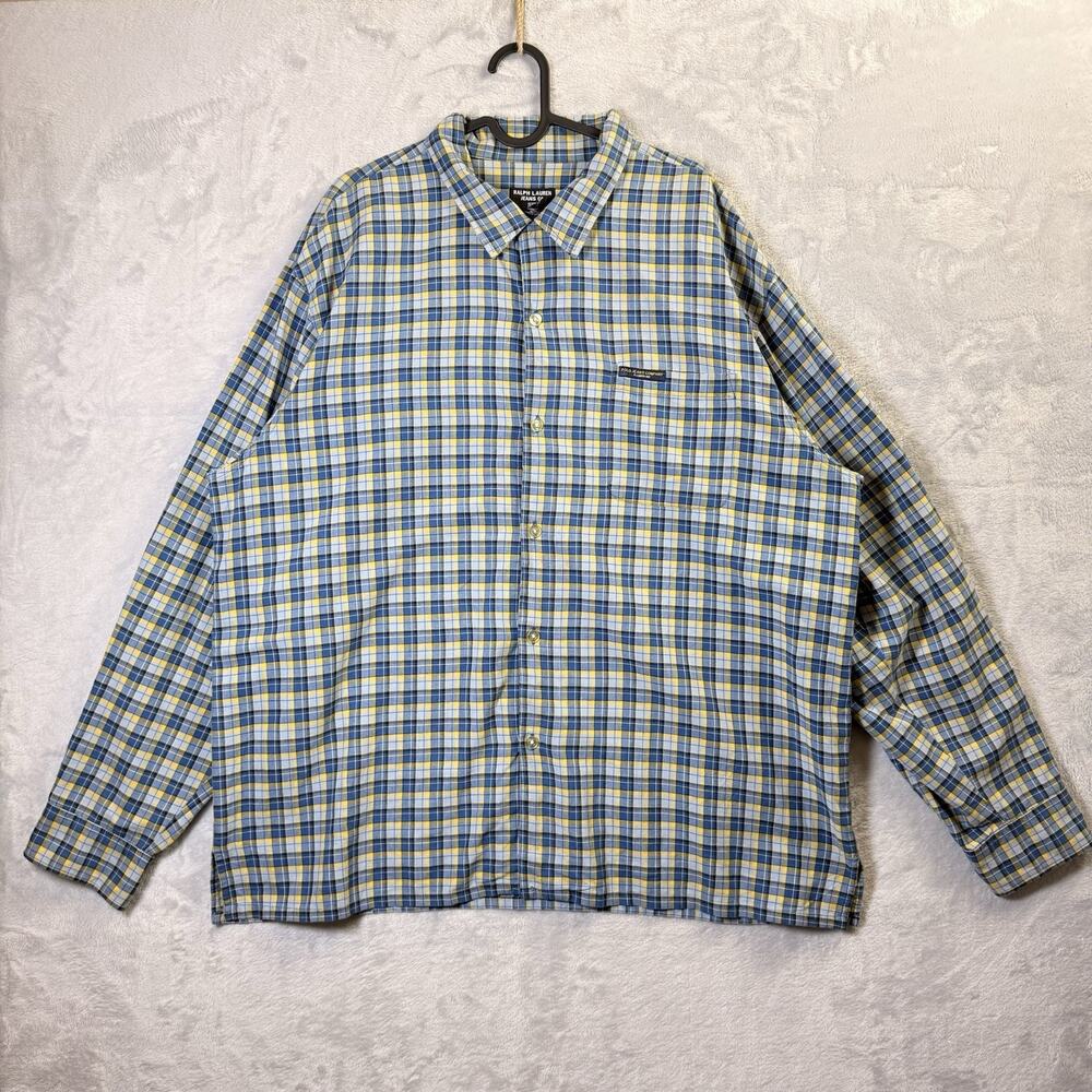 Ralph Lauren Jeans Co. Button Up Shirt Men's Large 100% Cotton Plaid Blue/Yellow